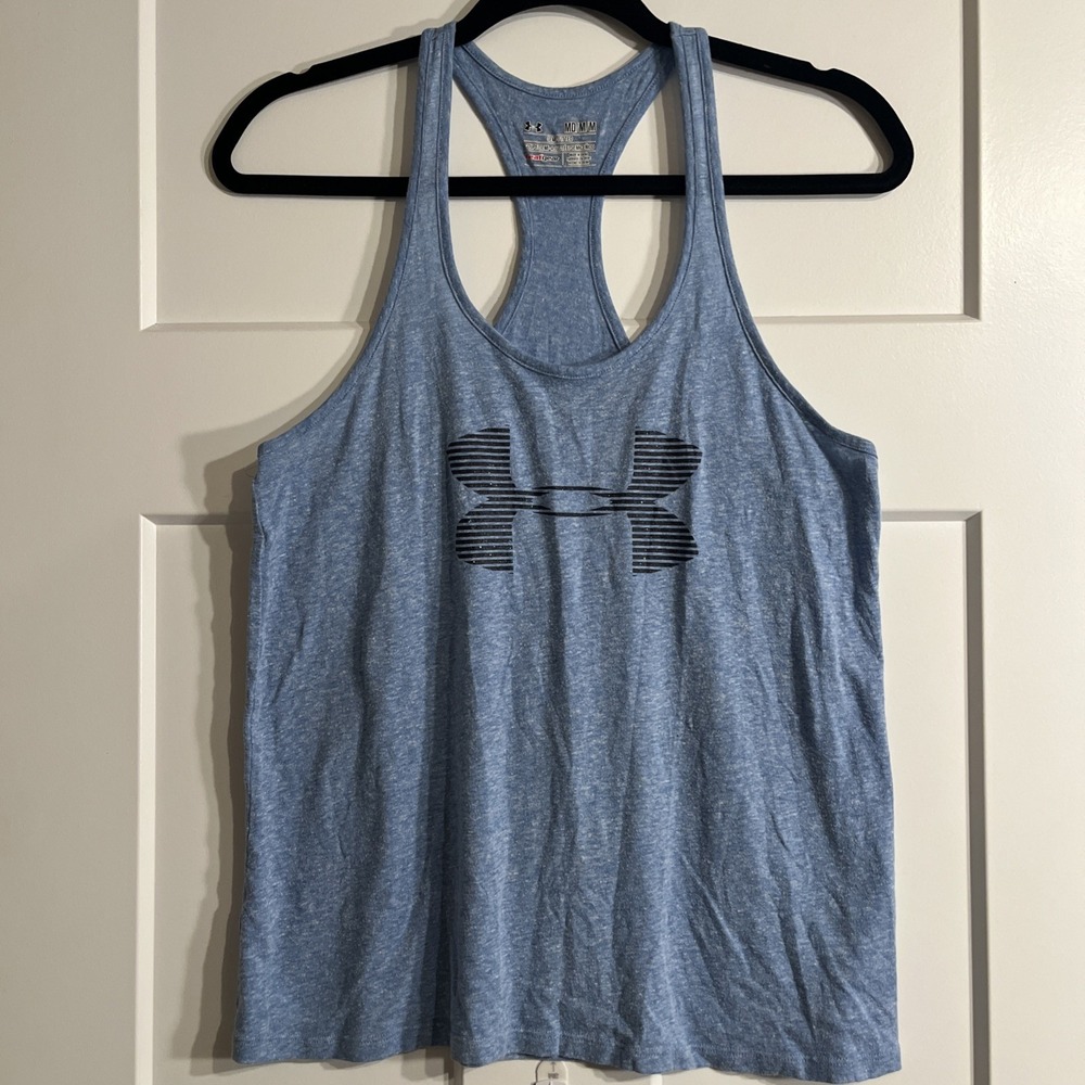 Under Armour HeatGear Womens Semi Fitted Tank Top Blue Heathered Logo Medium